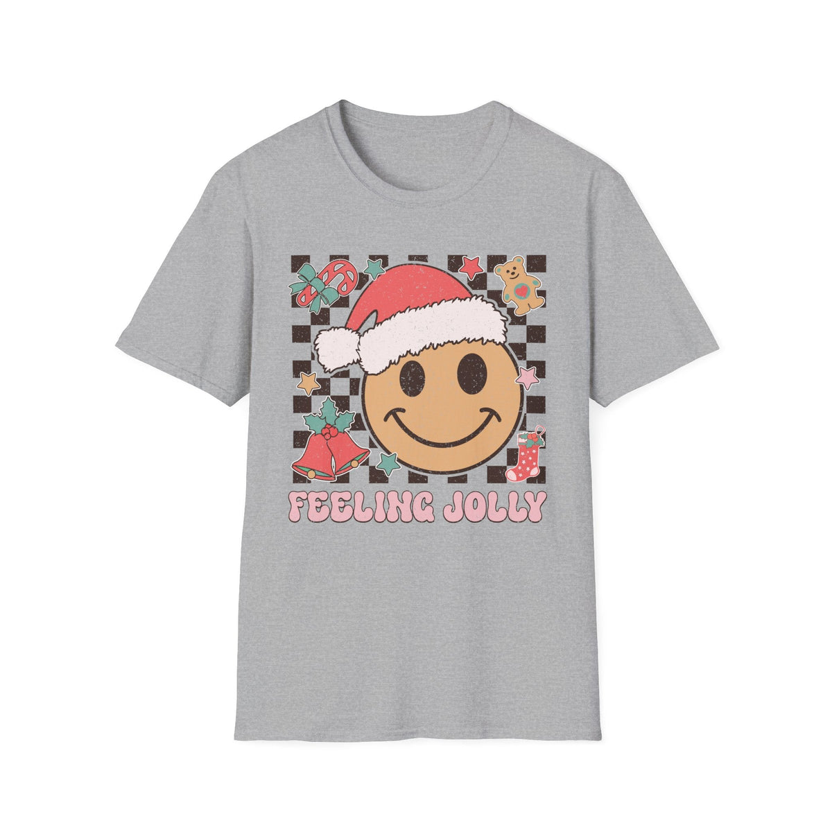 Feeling Jolly Christmas T-Shirt – Smiling Face, Santa Hat & Holiday Cheer