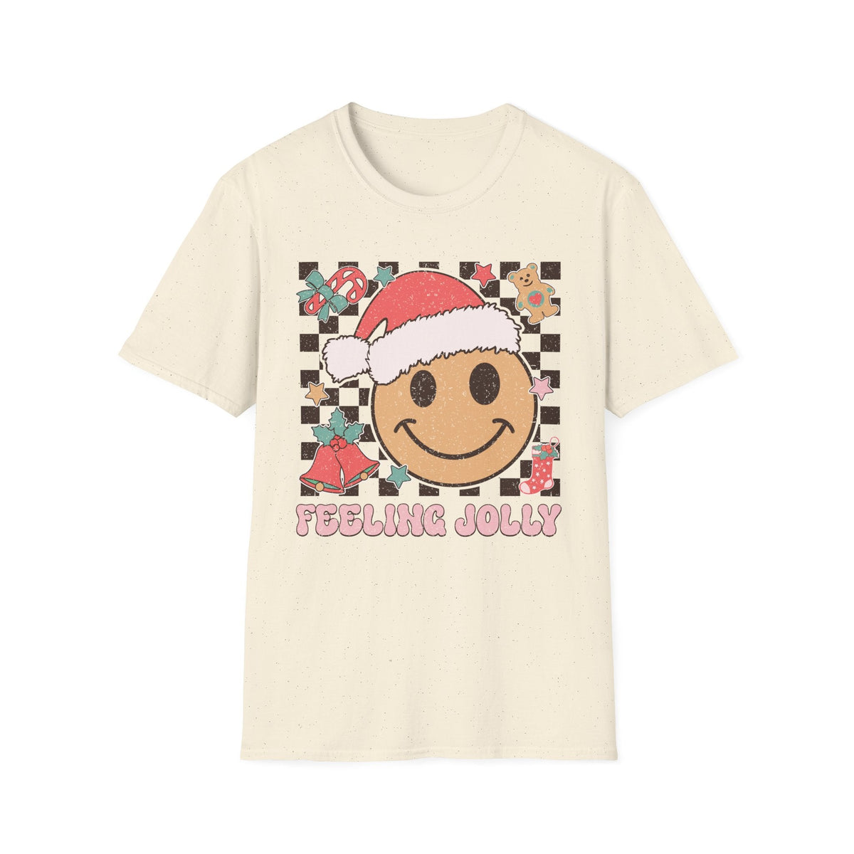 Feeling Jolly Christmas T-Shirt – Smiling Face, Santa Hat & Holiday Cheer