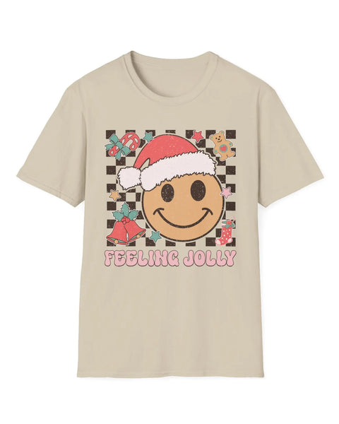 Feeling Jolly Christmas T Shirt Smiling Face Santa Hat And Holiday Cheer