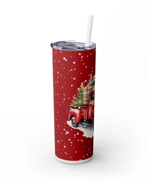 Festive Christmas Tumbler Red Truck Snow Trees 20oz Skinny Winter Decor