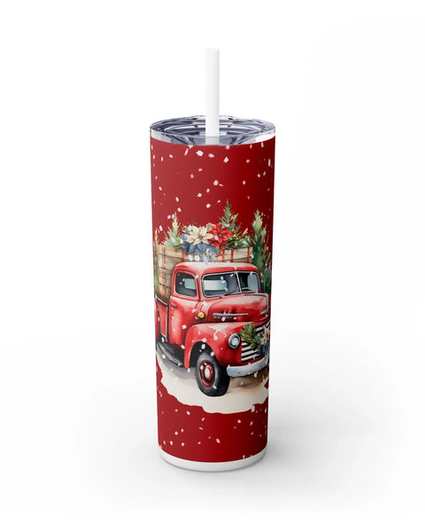 Festive Christmas Tumbler Red Truck Snow Trees 20oz Skinny Winter Decor