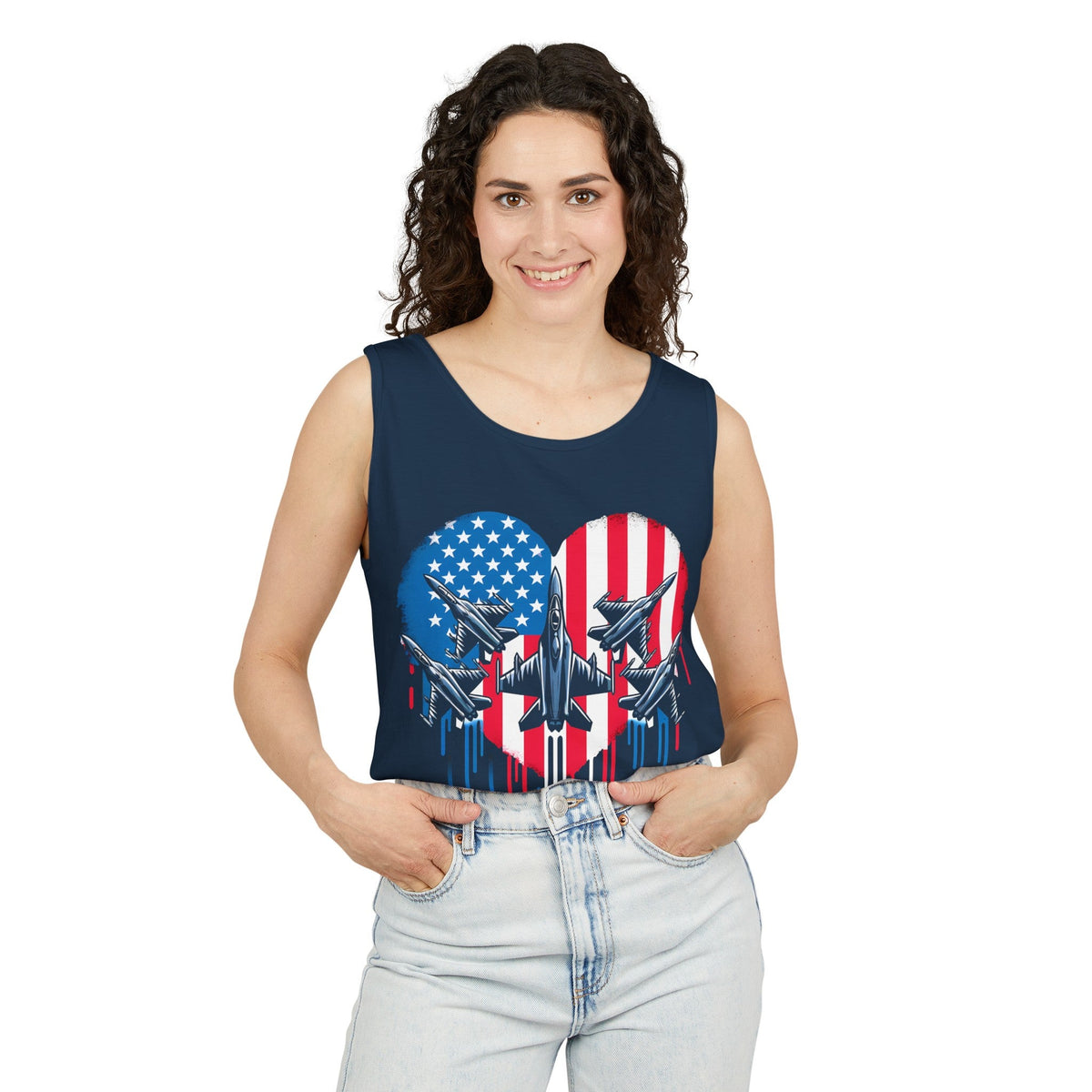 Fighter Jet Airplane American Flag Heart Unisex Garment-Dyed Tank Top