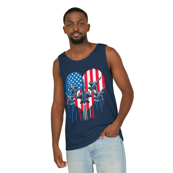 Fighter Jet Airplane American Flag Heart Unisex Garment-Dyed Tank Top