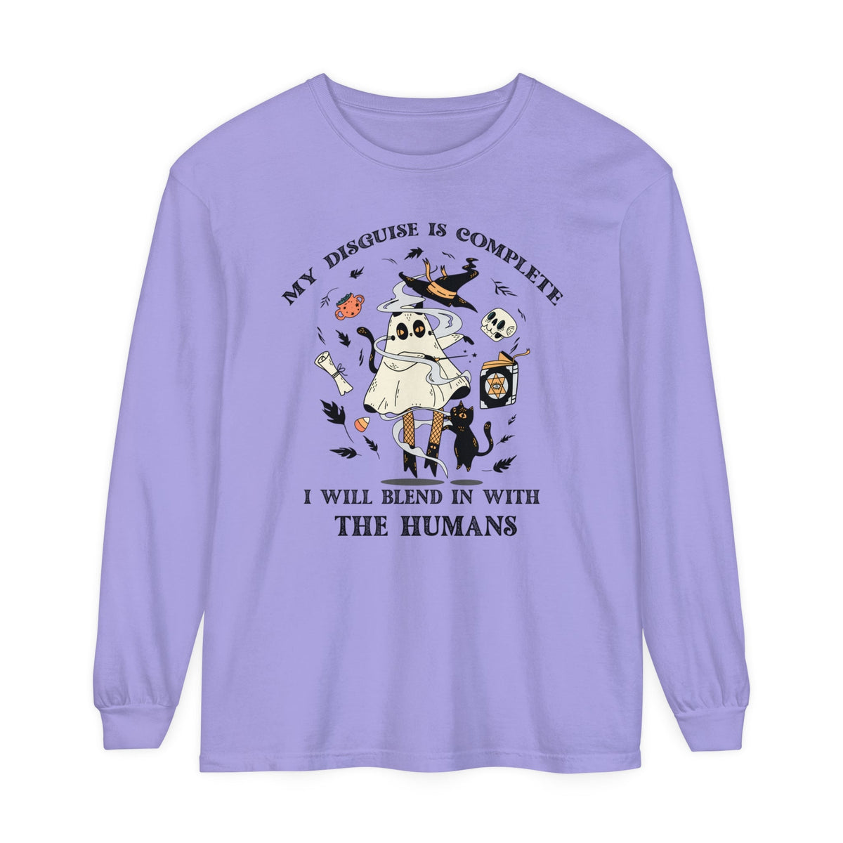 Floating Ghost Cat Halloween Long Sleeve T-Shirt - Magical Spooky Vibes Graphic Tee