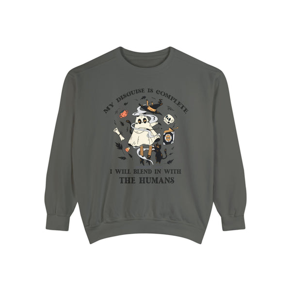 Floating Ghost Cat Halloween Sweatshirt - Magical Spooky Vibes Graphic Sweater