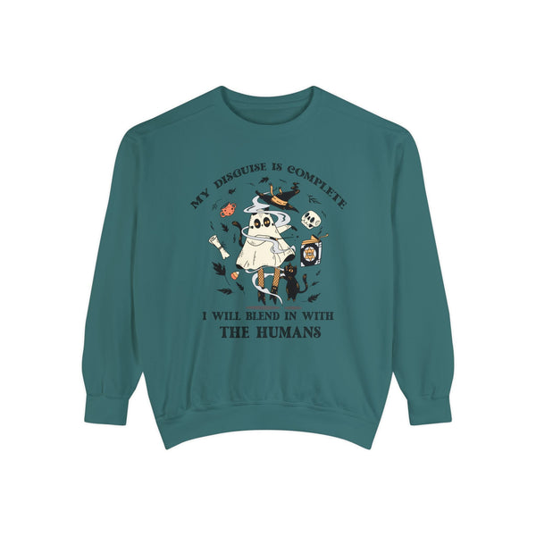 Floating Ghost Cat Halloween Sweatshirt - Magical Spooky Vibes Graphic Sweater