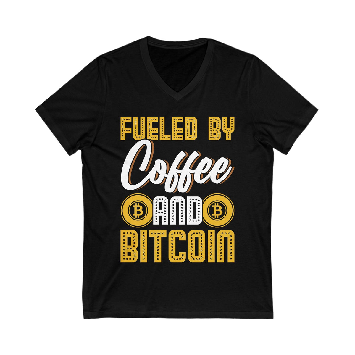 Fueled by Coffee and Bitcoin Crypto V-Neck – Cryptocurrency Shirt for Enthusiasts, Traders, and Meme Lovers