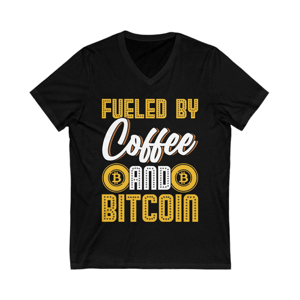 Fueled by Coffee and Bitcoin Crypto V-Neck – Cryptocurrency Shirt for Enthusiasts, Traders, and Meme Lovers