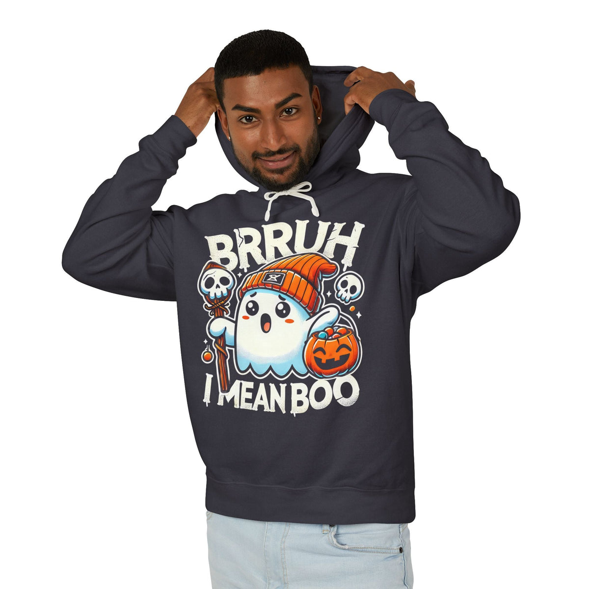 Funny Ghost Halloween Hoodie - 'Brruh I Mean Boo' Cute Ghost Graphic Sweatshirt - Cozy Halloween Sweatshirt for Men and