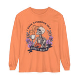 Funny Halloween Skeleton Long Sleeve T-Shirt - 'I Hate Everyone But Coffee Helps' Spooky Coffee Lover Tee