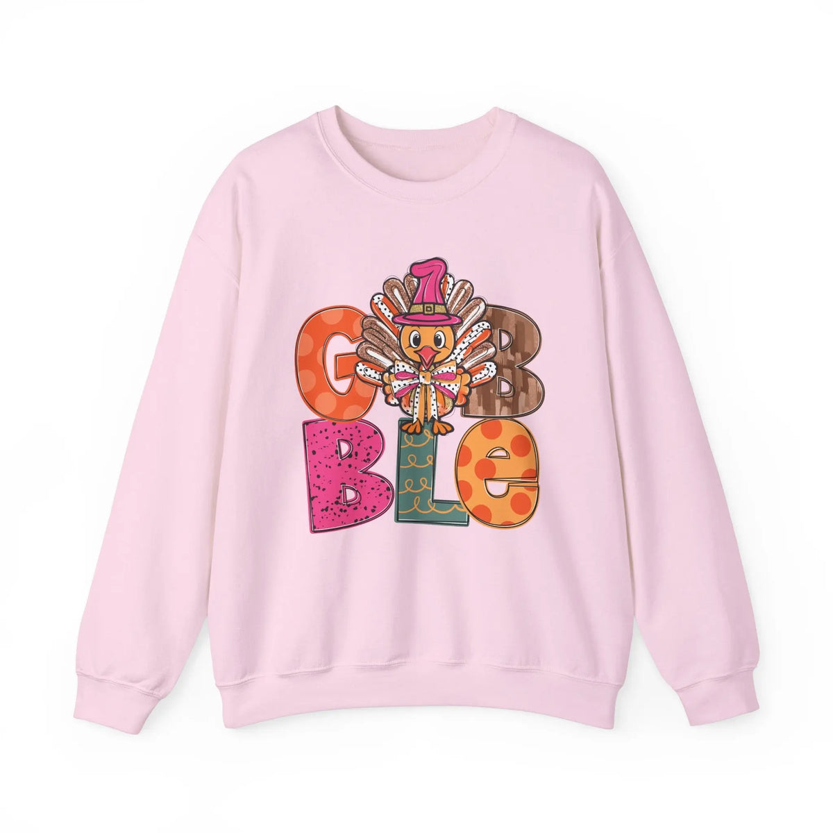 Funny Thanksgiving Sweatshirt – Gobble Turkey Graphic Sweater with Festive Colors and Pilgrim Hat