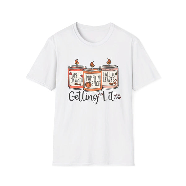 Getting Lit Fall Candles T-Shirt - Funny Autumn Graphic Tee - Cozy Seasonal Scents Shirt - Cute Fall Season Top -