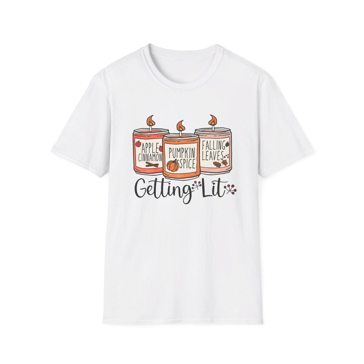 Getting Lit Fall Candles T-Shirt - Funny Autumn Graphic Tee - Cozy Seasonal Scents Shirt - Cute Fall Season Top - Humorous Fall Apparel