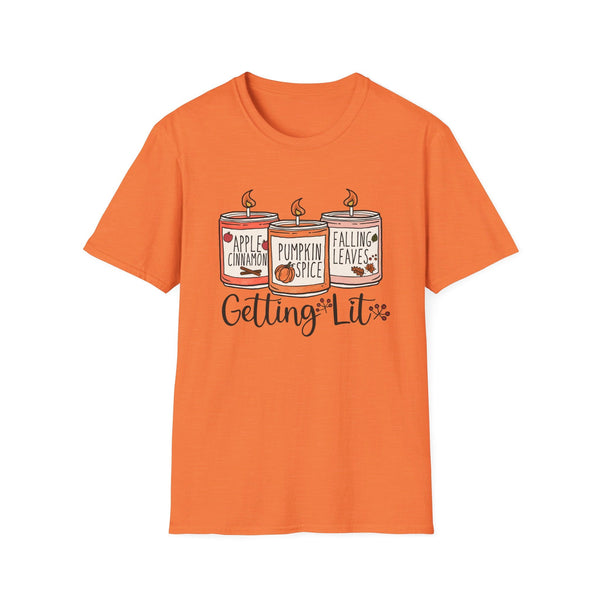 Getting Lit Fall Candles T-Shirt - Funny Autumn Graphic Tee - Cozy Seasonal Scents Shirt - Cute Fall Season Top - Humorous Fall Apparel