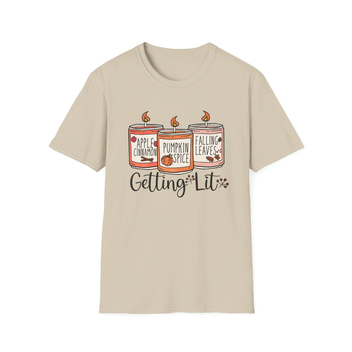 Getting Lit Fall Candles T-Shirt - Funny Autumn Graphic Tee - Cozy Seasonal Scents Shirt - Cute Fall Season Top - Humorous Fall Apparel