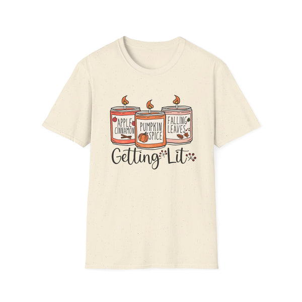 Getting Lit Fall Candles T-Shirt - Funny Autumn Graphic Tee - Cozy Seasonal Scents Shirt - Cute Fall Season Top -