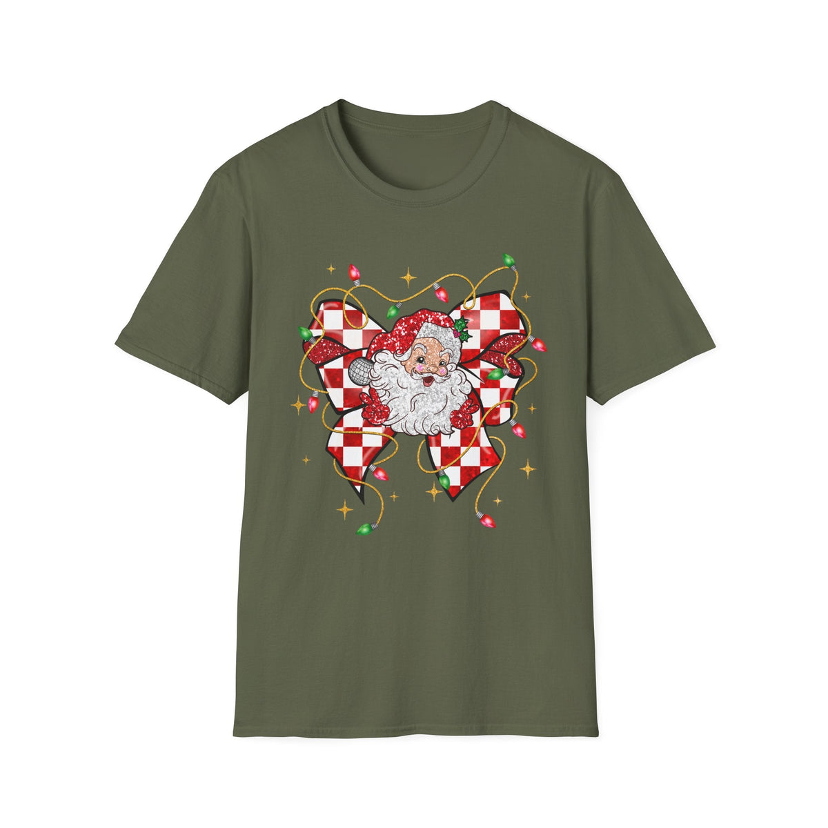 Glitter Santa Christmas T-Shirt - Festive Santa with Bow and Christmas Lights - Fun Holiday Tee for Christmas