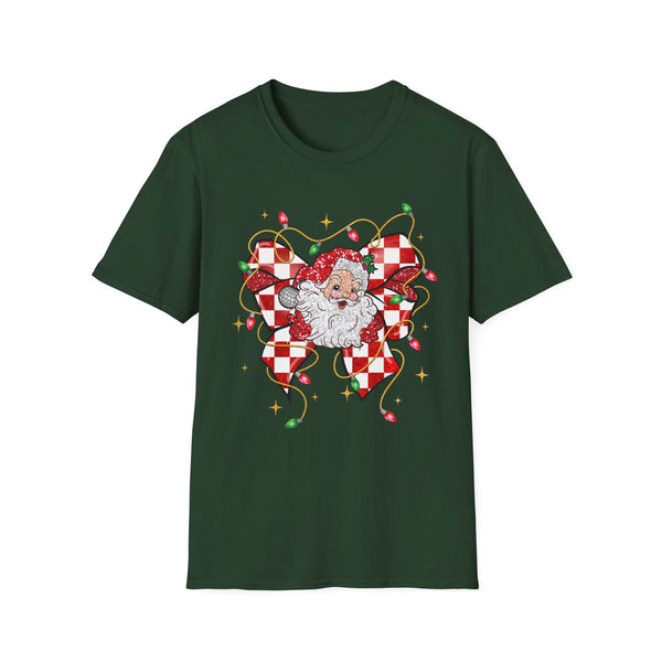 Glitter Santa Christmas T-Shirt - Festive Santa with Bow and Christmas Lights - Fun Holiday Tee for Christmas