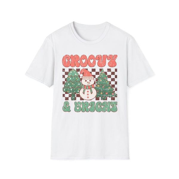 Groovy & Bright Christmas T-Shirt – Retro Snowman & Christmas Trees