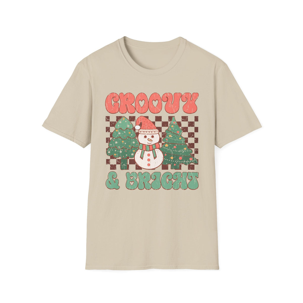 Groovy & Bright Christmas T-Shirt – Retro Snowman & Christmas Trees