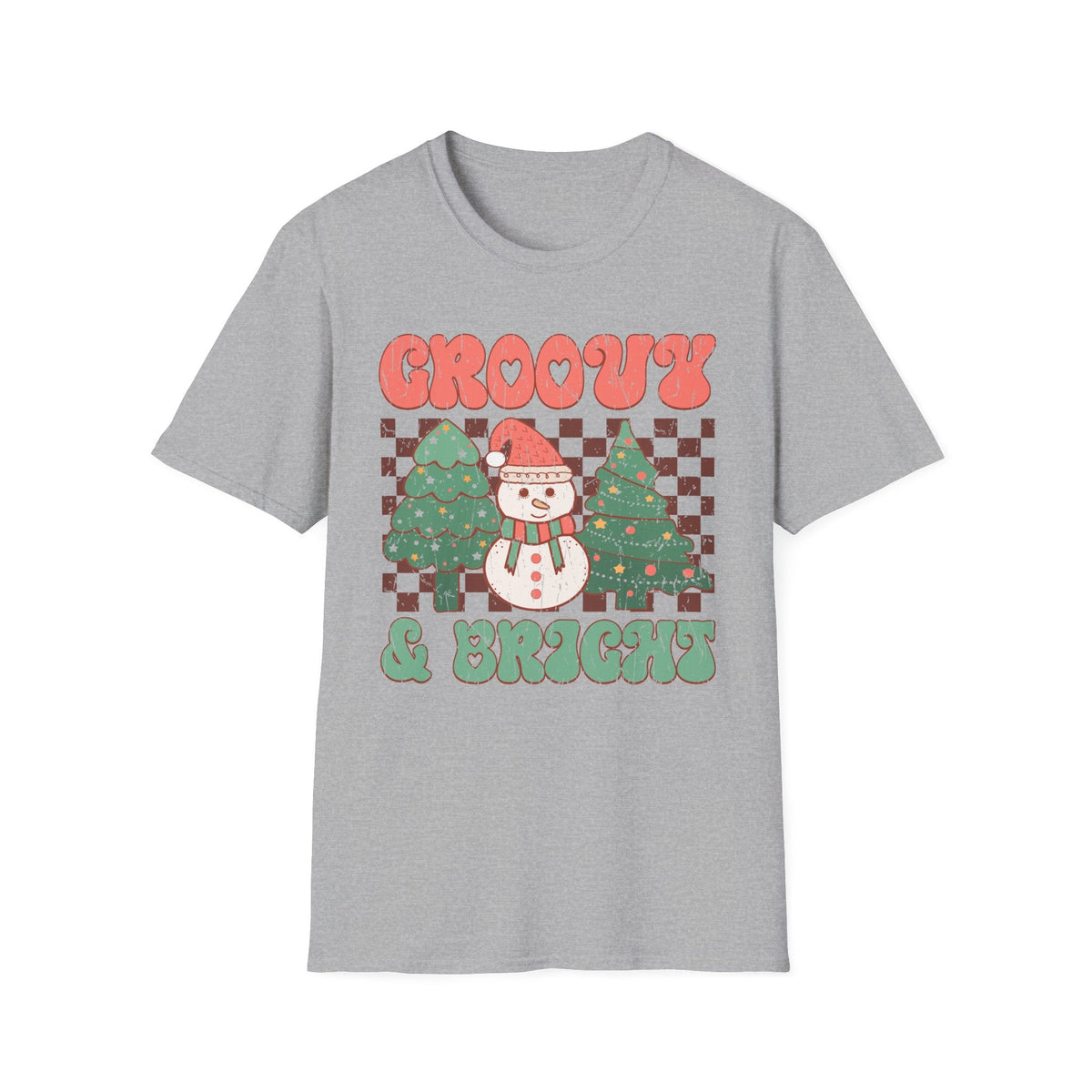 Groovy & Bright Christmas T-Shirt – Retro Snowman & Christmas Trees