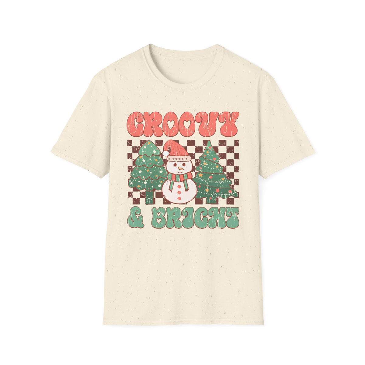 Groovy & Bright Christmas T-Shirt – Retro Snowman & Christmas Trees