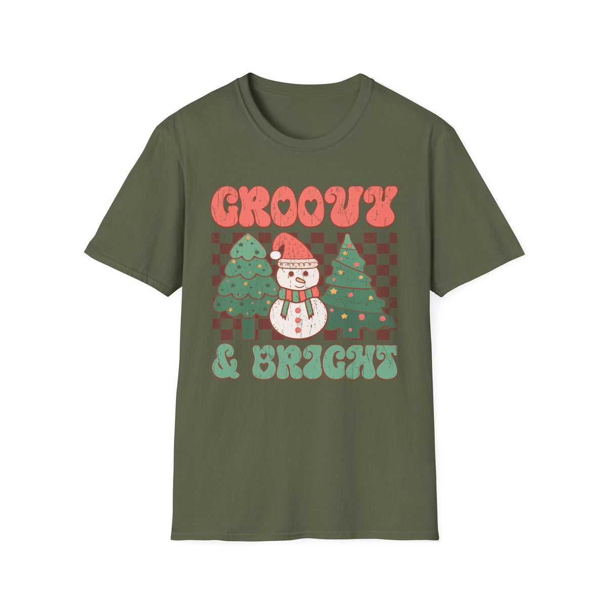 Groovy & Bright Christmas T-Shirt – Retro Snowman & Christmas Trees