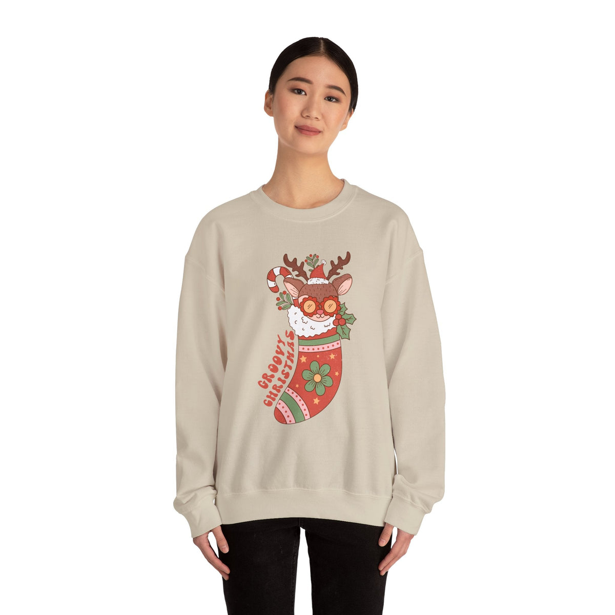 Groovy Christmas Stocking Crewneck Sweatshirt - Cute Reindeer Christmas Sweater - Holiday Cheer