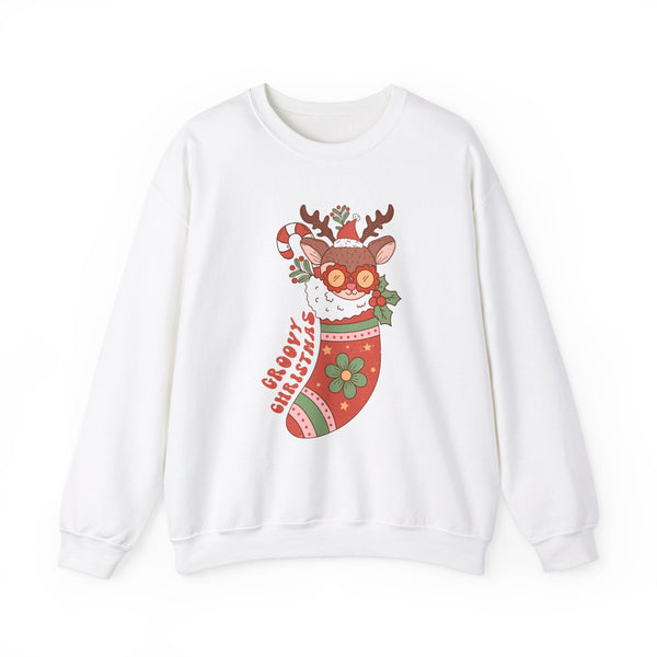 Groovy Christmas Stocking Crewneck Sweatshirt - Cute Reindeer Christmas Sweater - Holiday Cheer