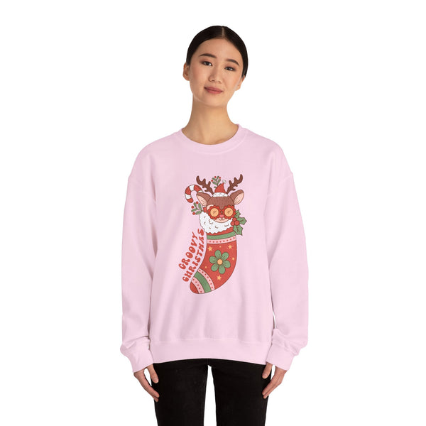 Groovy Christmas Stocking Crewneck Sweatshirt - Cute Reindeer Christmas Sweater - Holiday Cheer