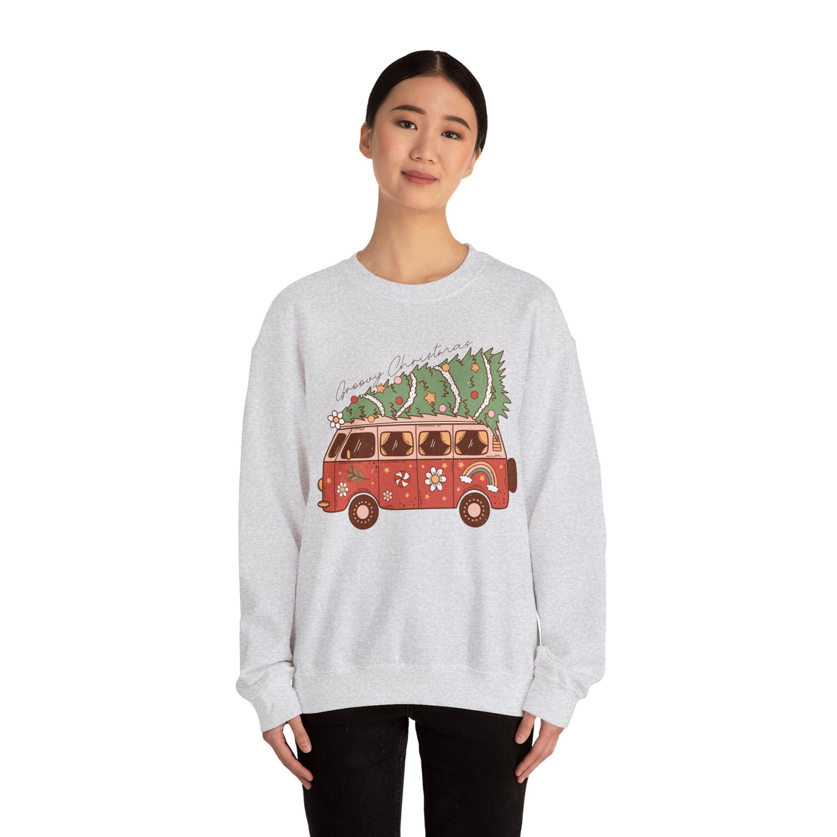 Groovy Christmas Van Crewneck Sweatshirt - Fun Holiday Road Trip Christmas Sweater - Merry Vibes