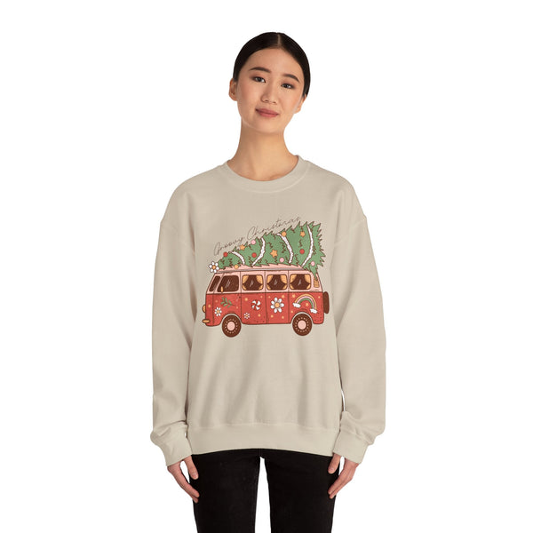 Groovy Christmas Van Crewneck Sweatshirt - Fun Holiday Road Trip Christmas Sweater - Merry Vibes