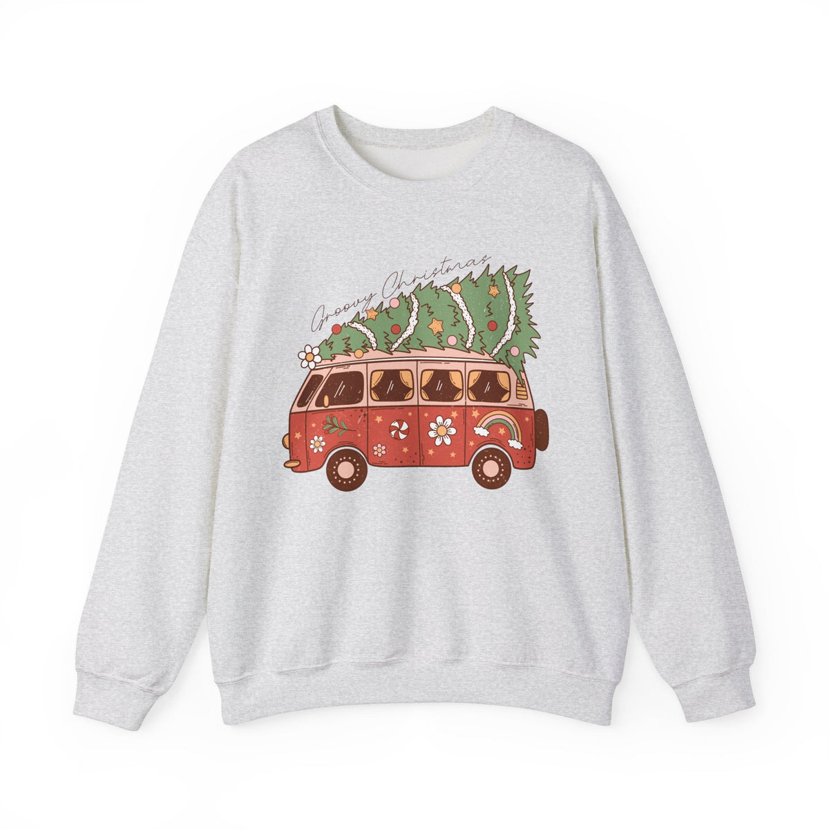 Groovy Christmas Van Crewneck Sweatshirt - Fun Holiday Road Trip Christmas Sweater - Merry Vibes