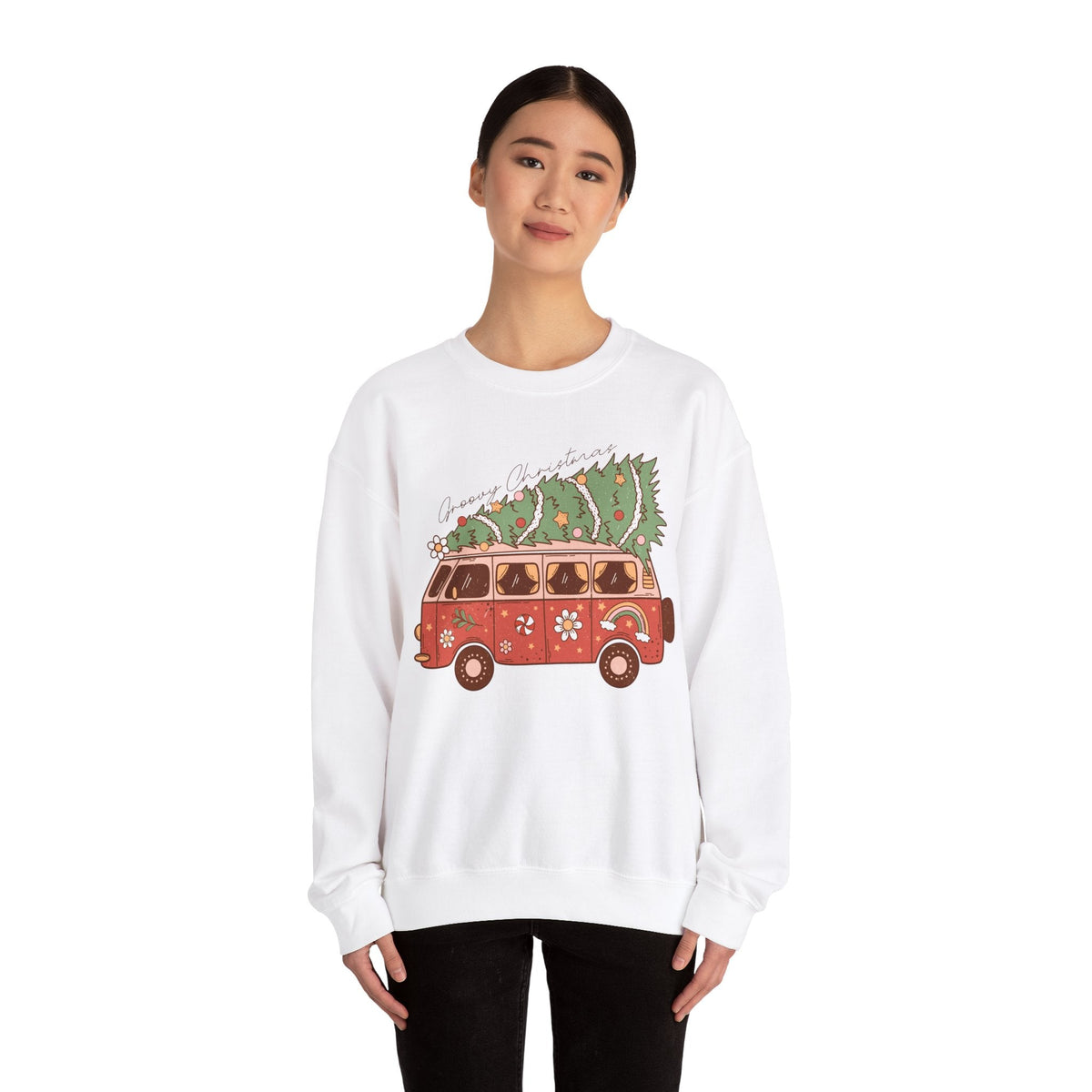 Groovy Christmas Van Crewneck Sweatshirt - Fun Holiday Road Trip Christmas Sweater - Merry Vibes