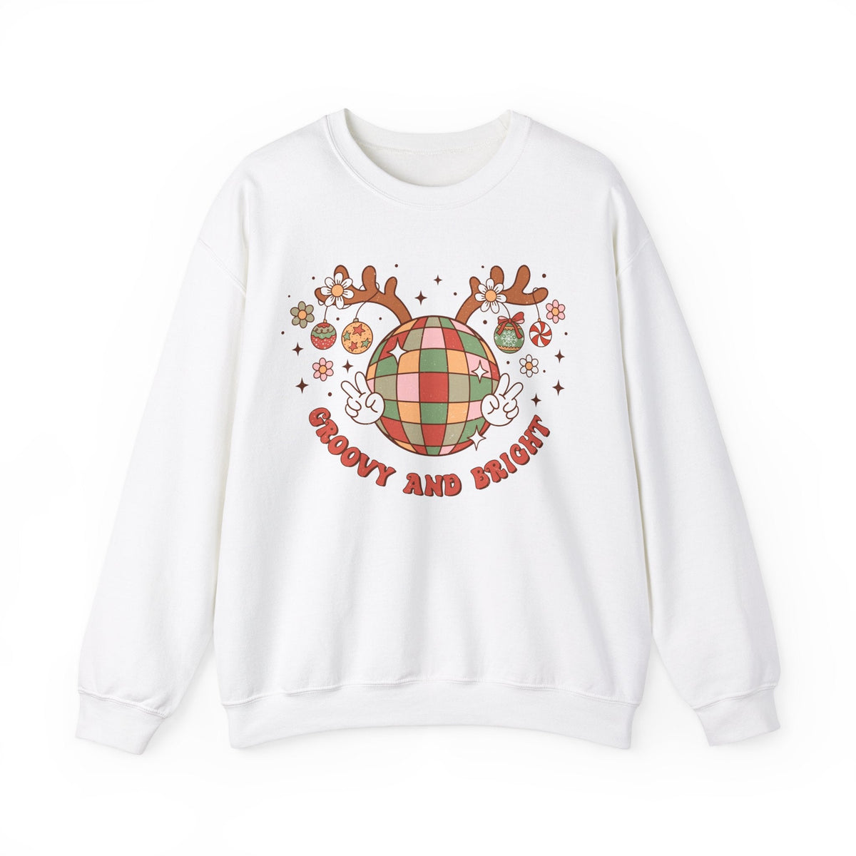 Groovy and Bright Crewneck Sweatshirt - Festive Disco Reindeer Christmas Sweater - Christmas Fun