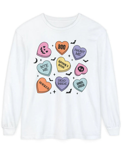 Halloween Candy Hearts Long Sleeve Tee Spooky Babe Ghoul Crush Bite Me