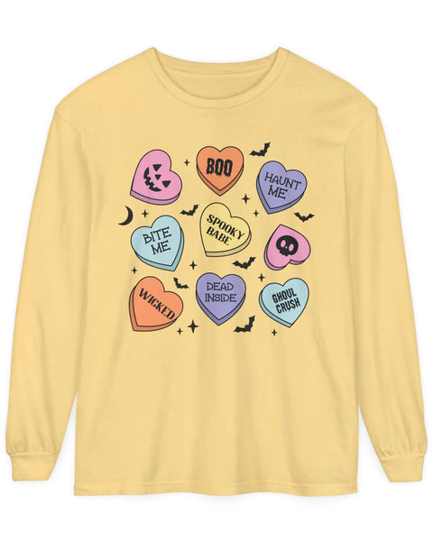 Halloween Candy Hearts Long Sleeve Tee Spooky Babe Ghoul Crush Bite Me