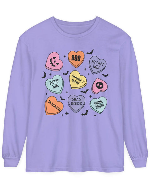 Halloween Candy Hearts Long Sleeve Tee Spooky Babe Ghoul Crush Bite Me
