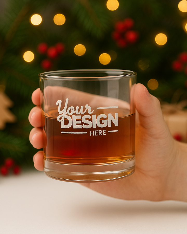 Hand holding a glass of amber liquid with 'Your Design Here' text against a festive background.