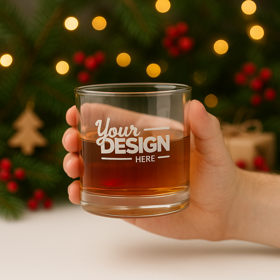 Hand holding a glass of amber liquid with 'Your Design Here' text against a festive background.