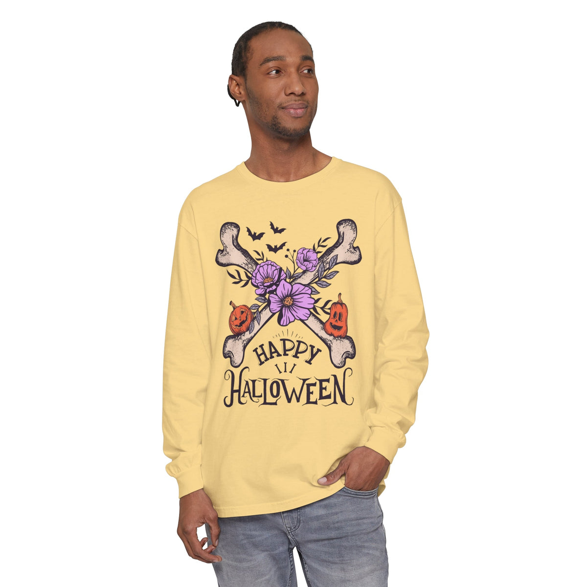 Happy Halloween - Crossbones Floral Pumpkin Halloween Long Sleeve T-Shirt