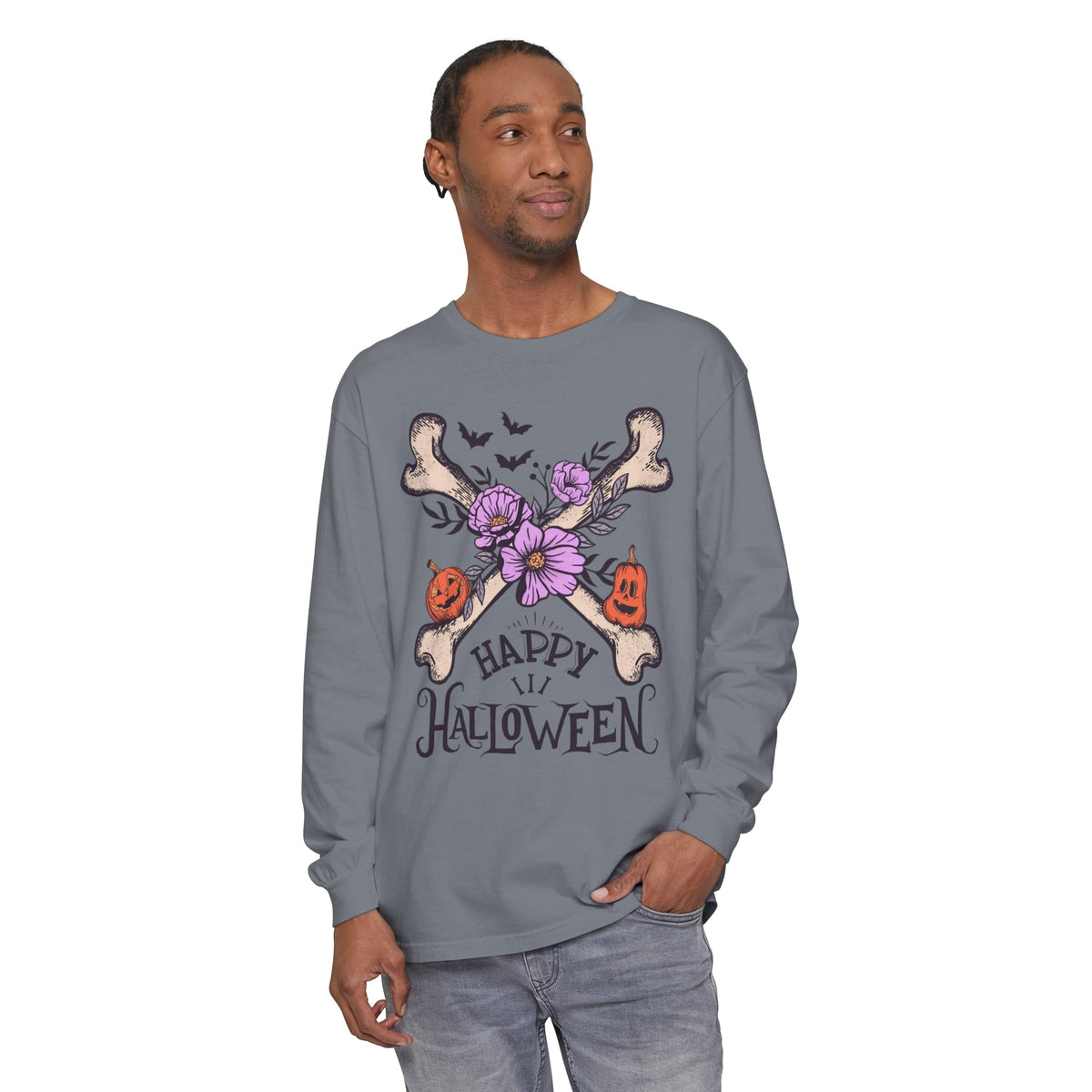 Happy Halloween - Crossbones Floral Pumpkin Halloween Long Sleeve T-Shirt