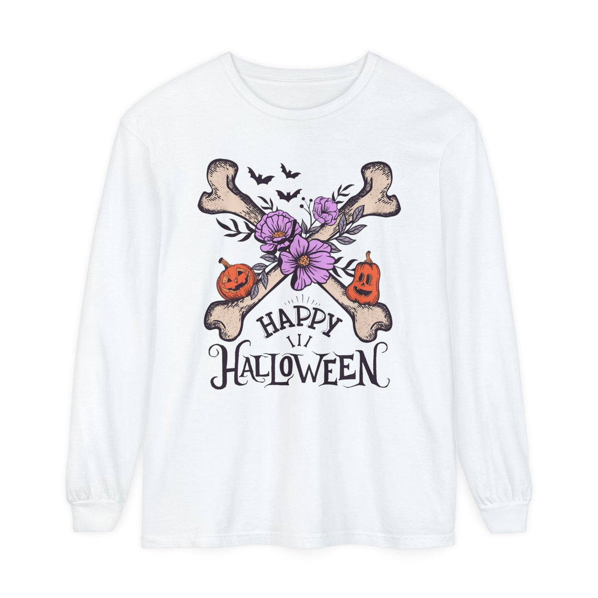 Happy Halloween - Crossbones Floral Pumpkin Halloween Long Sleeve T-Shirt