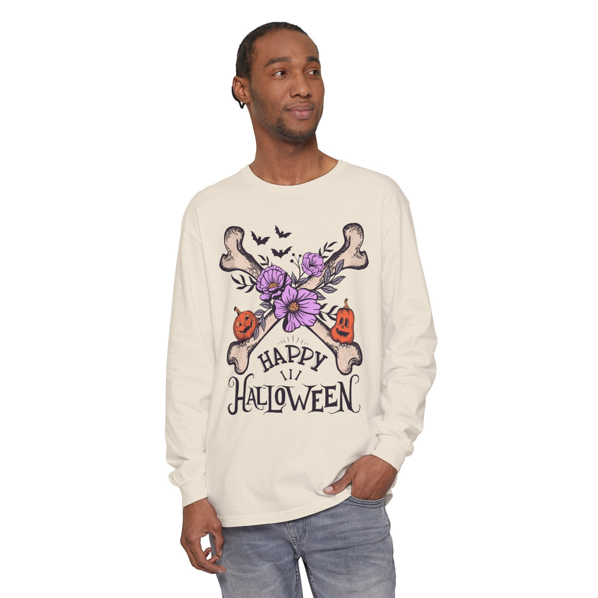 Happy Halloween - Crossbones Floral Pumpkin Halloween Long Sleeve T-Shirt