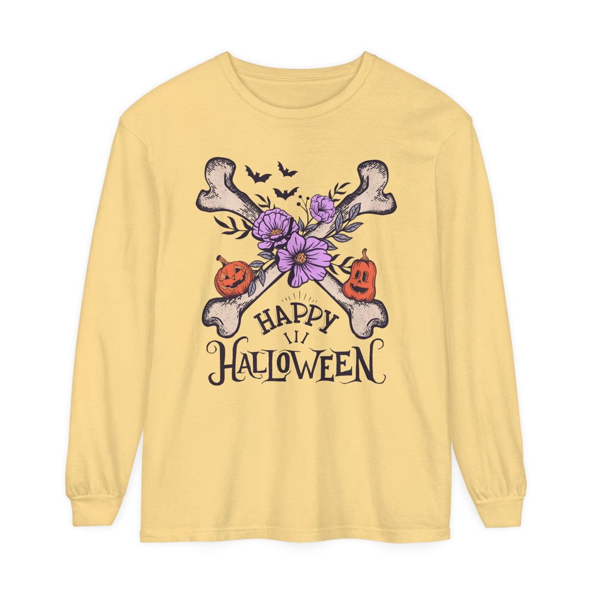 Happy Halloween - Crossbones Floral Pumpkin Halloween Long Sleeve T-Shirt