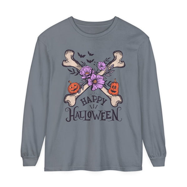 Happy Halloween - Crossbones Floral Pumpkin Halloween Long Sleeve T-Shirt