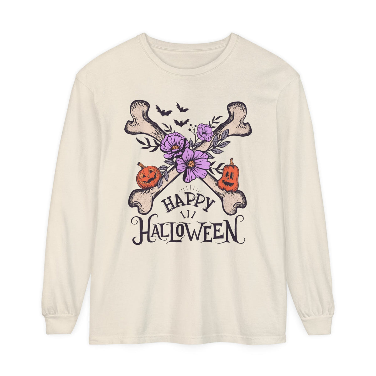 Happy Halloween - Crossbones Floral Pumpkin Halloween Long Sleeve T-Shirt