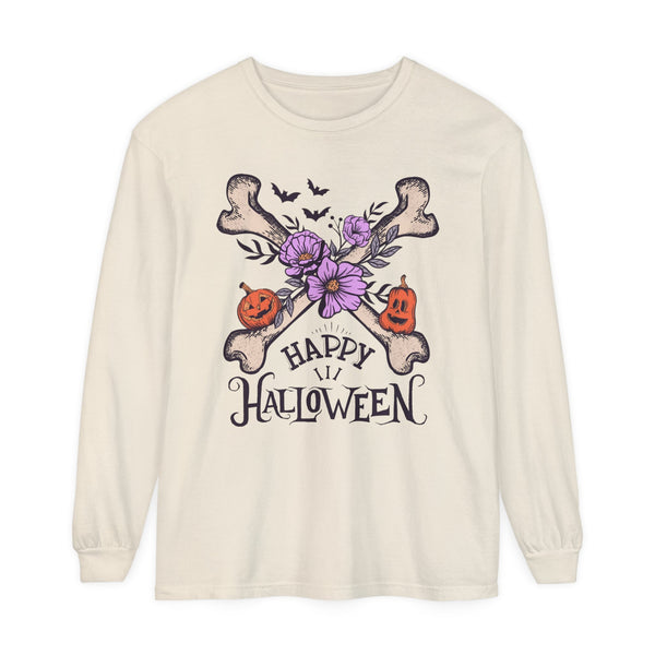 Happy Halloween - Crossbones Floral Pumpkin Halloween Long Sleeve T-Shirt