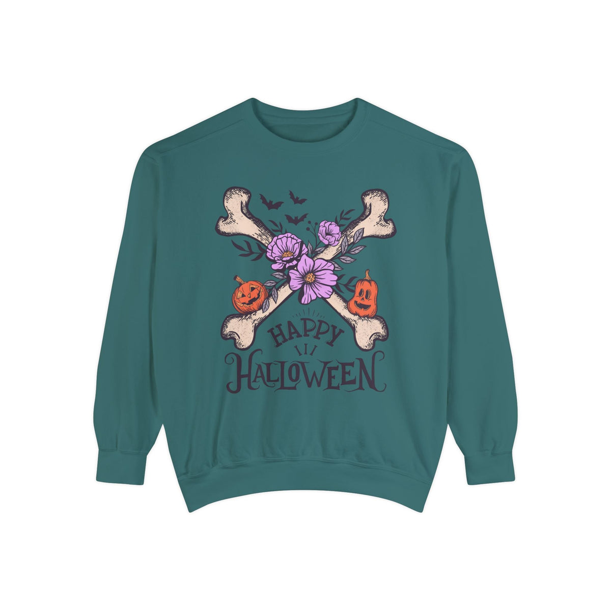 Happy Halloween - Crossbones Floral Pumpkin Halloween Sweatshirt