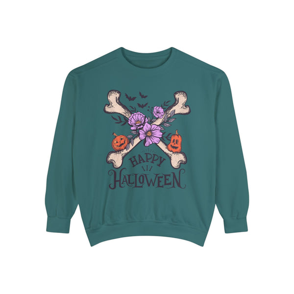 Happy Halloween - Crossbones Floral Pumpkin Halloween Sweatshirt